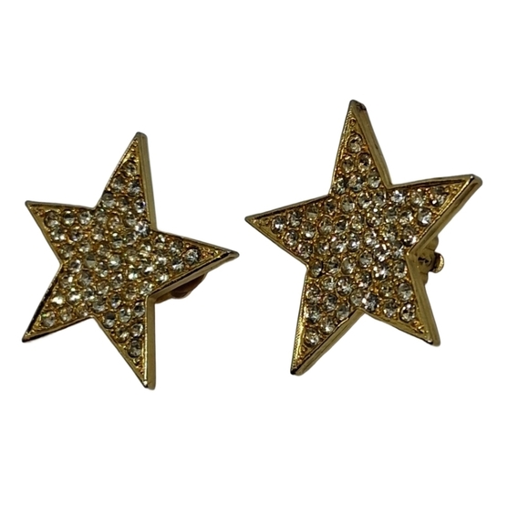 80s Bold Pave Rhinestone Goldtone Star Clip On Earrings - Picture 4 of 5